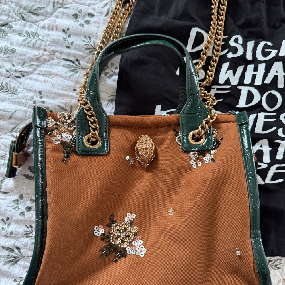 Kurt Geiger Embroidered Sequin Green Brown Tote Shoulder Crossbody Bag NWT - Picture 6 of 16